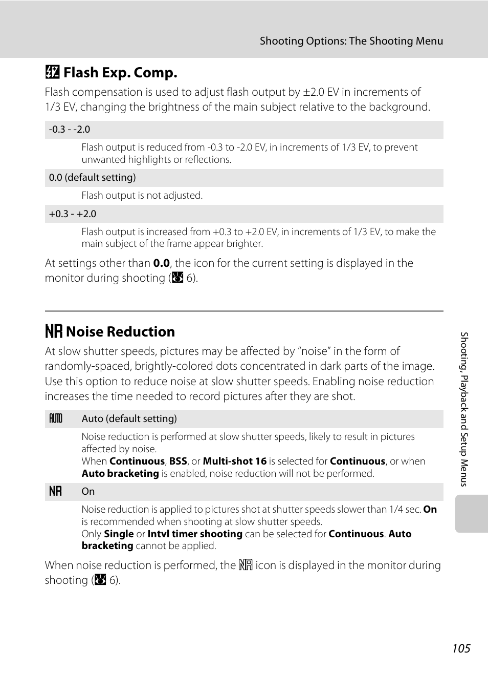 Flash exp. comp, Noise reduction, J flash exp. comp m noise reduction | A 105, Jflash exp. comp, Mnoise reduction | Nikon P80 User Manual | Page 119 / 167