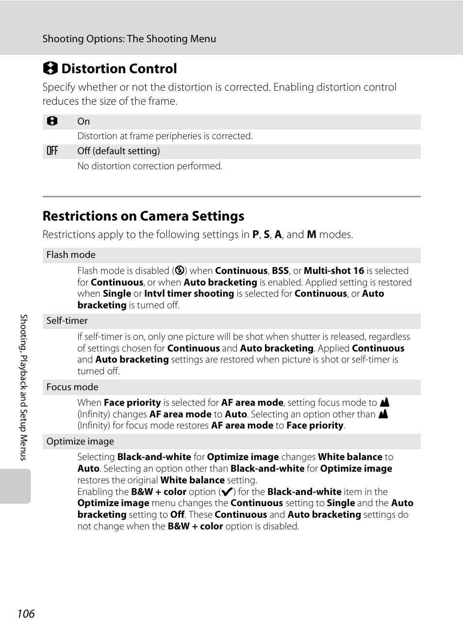 Distortion control, Restrictions on camera settings, A 106) | A 106, Qdistortion control | Nikon P80 User Manual | Page 120 / 167