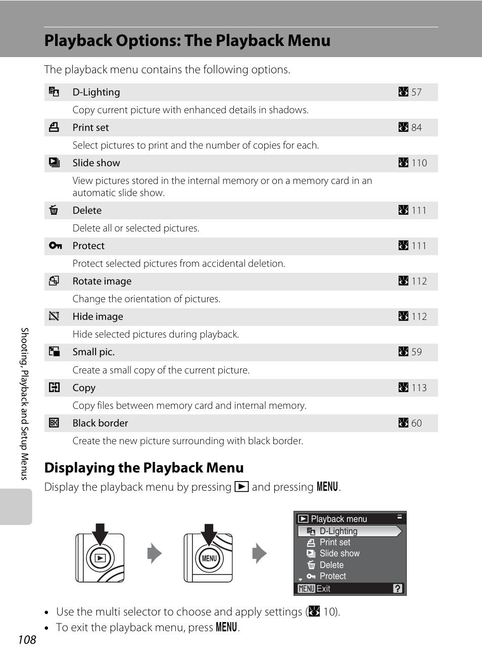 Playback options: the playback menu, Displaying the playback menu | Nikon P80 User Manual | Page 122 / 167