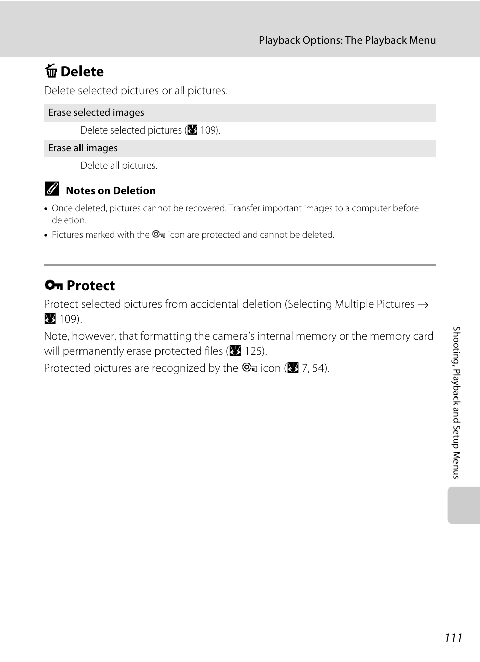 Delete, Protect, C delete d protect | 111) s, A 111), A 111, Cdelete, Dprotect | Nikon P80 User Manual | Page 125 / 167