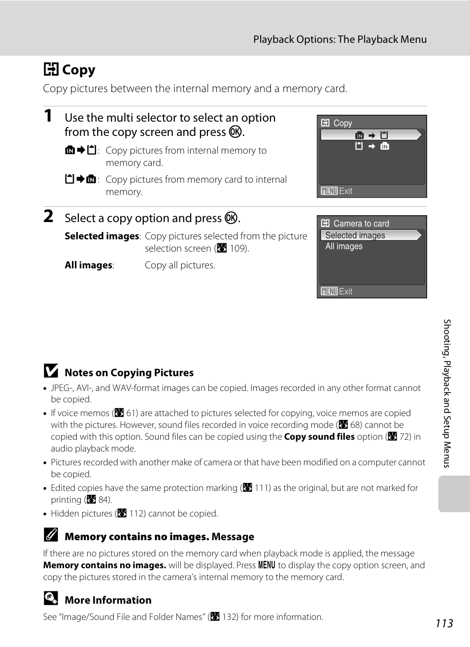 Copy, H copy, A 113 | A 113), Hcopy, Select a copy option and press k | Nikon P80 User Manual | Page 127 / 167