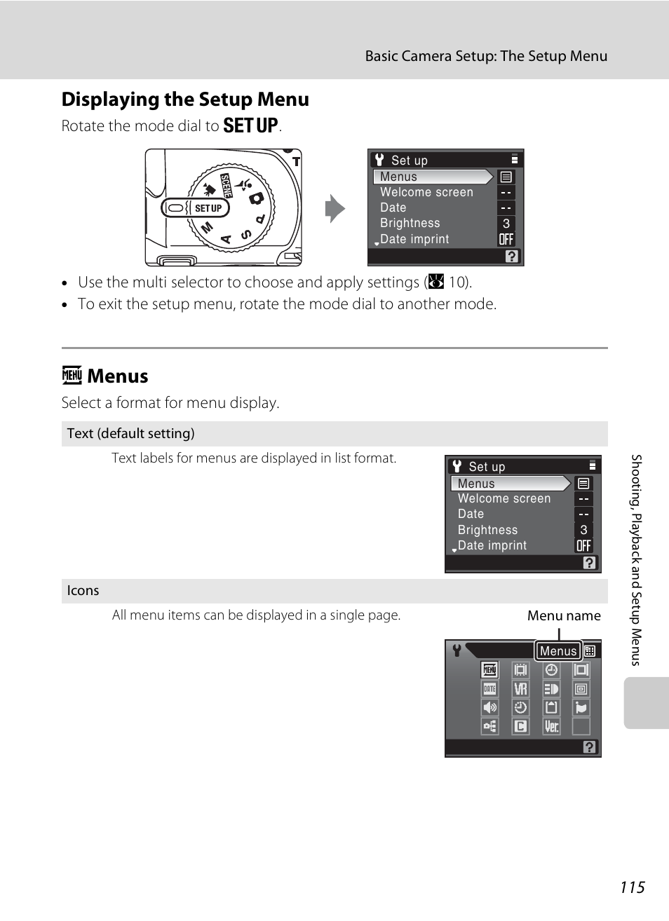 Displaying the setup menu, Menus, Displaying the setup menu a menus | A 115, Amenus | Nikon P80 User Manual | Page 129 / 167