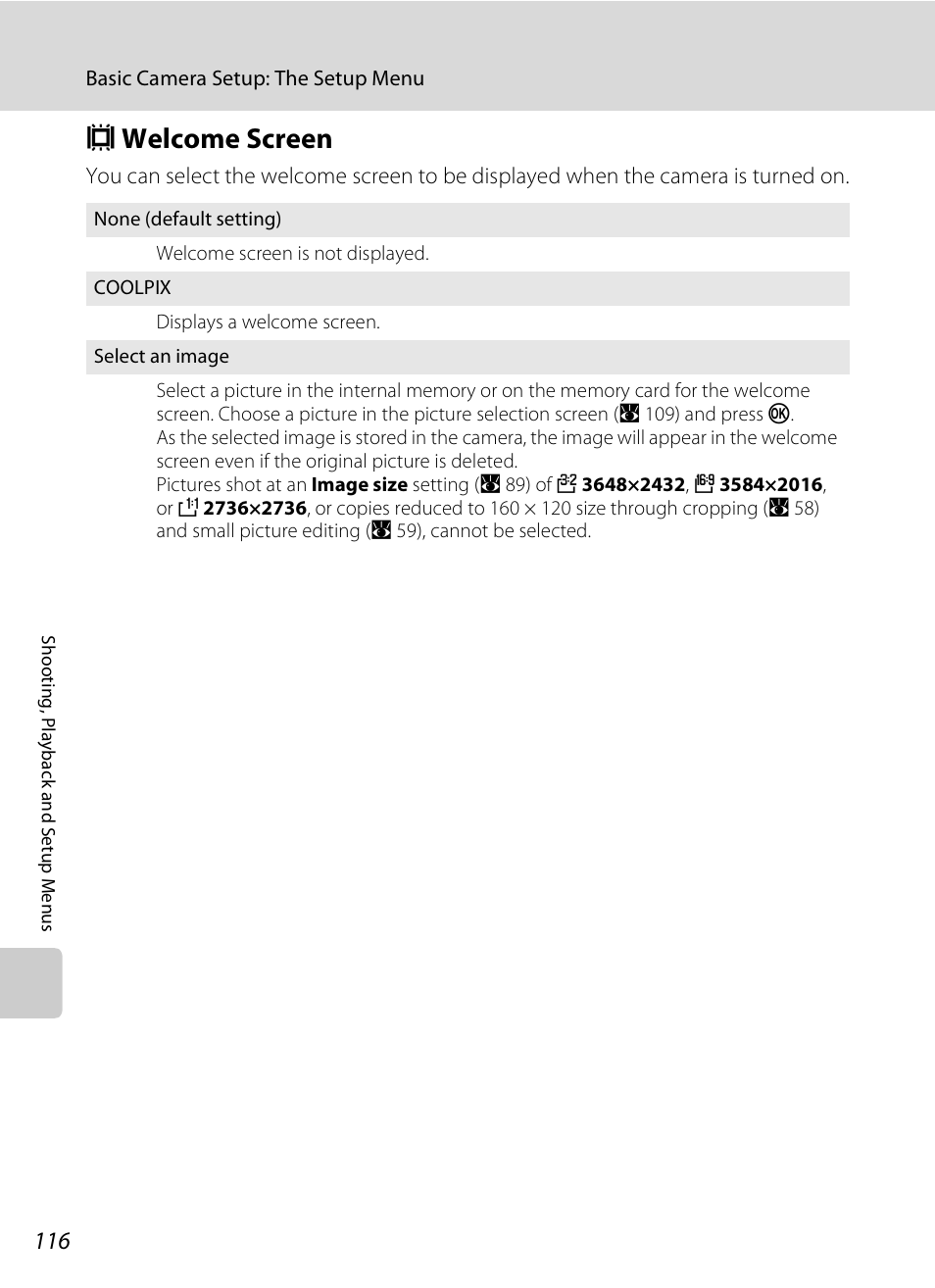 Welcome screen, C welcome screen, A 116) | A 116, Cwelcome screen | Nikon P80 User Manual | Page 130 / 167
