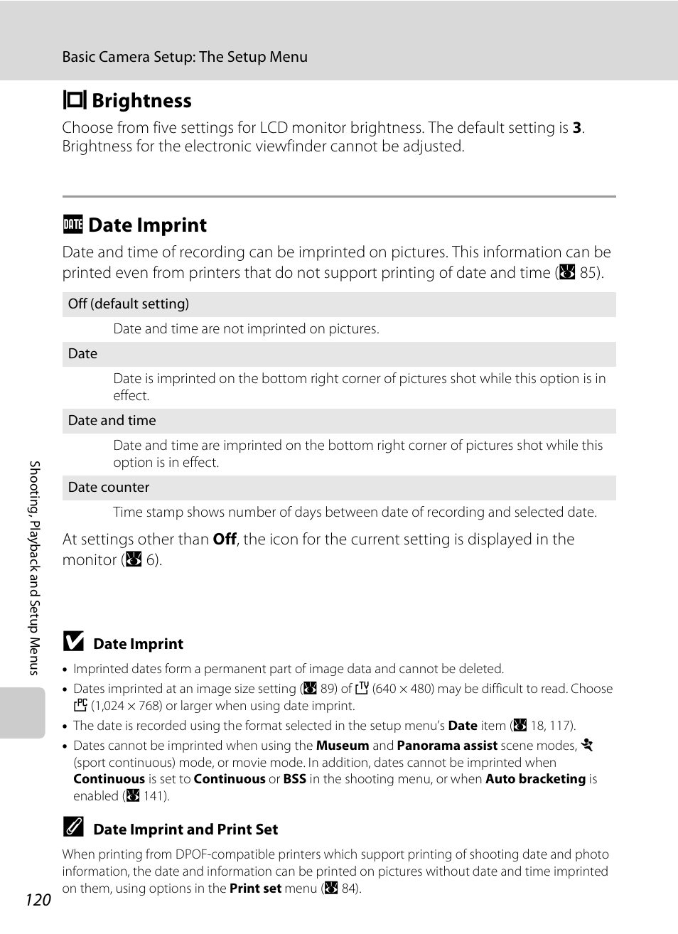 Brightness, Date imprint, E brightness f date imprint | Option (a 120), A 120, Ebrightness, Fdate imprint | Nikon P80 User Manual | Page 134 / 167