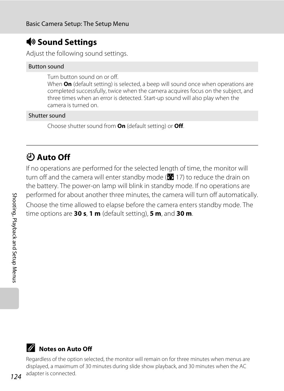 Sound settings, Auto off, I sound settings k auto off | A 124, Isound settings, Kauto off | Nikon P80 User Manual | Page 138 / 167