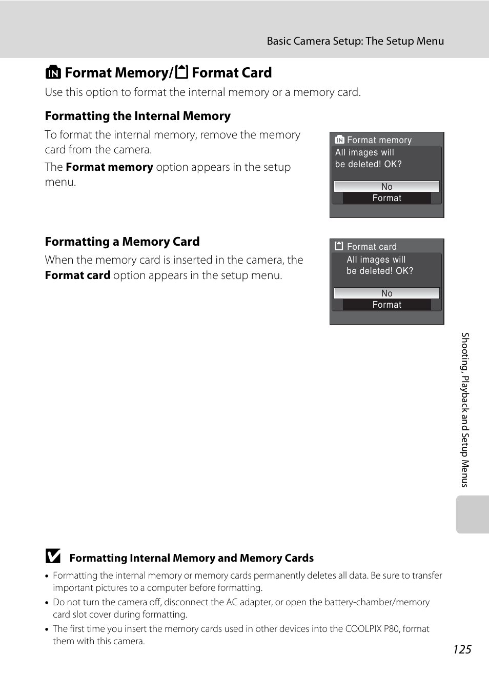 Format memory/format card, L format memory/m format card, A 125 | Nikon P80 User Manual | Page 139 / 167