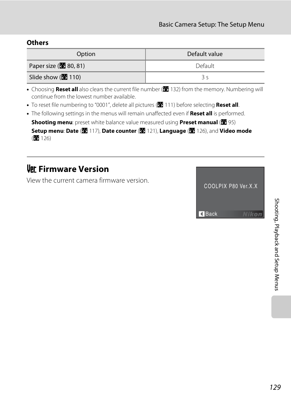 Firmware version, R firmware version, A 129 | Rfirmware version | Nikon P80 User Manual | Page 143 / 167