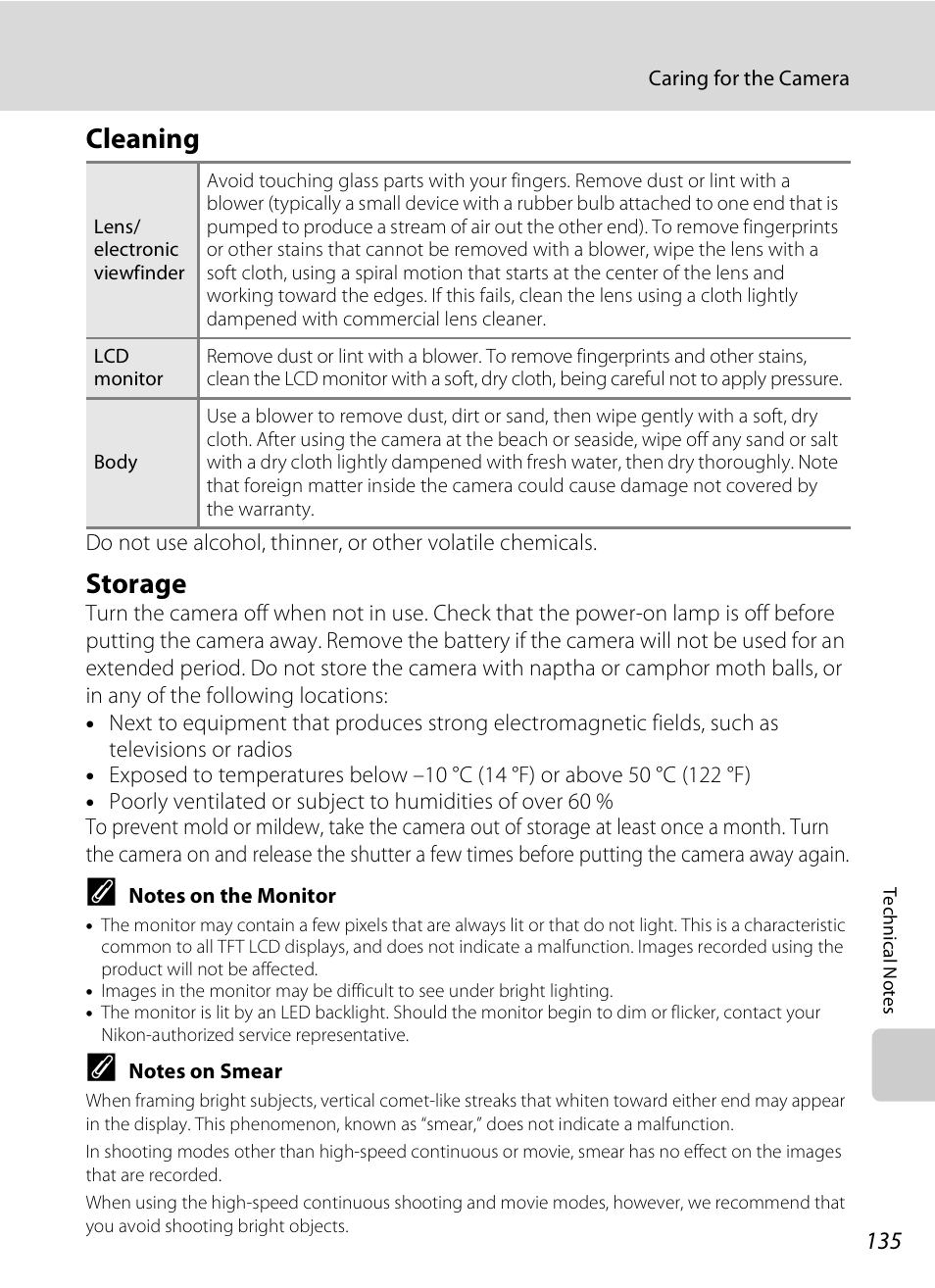 Cleaning, Storage, Cleaning storage | Nikon P80 User Manual | Page 149 / 167