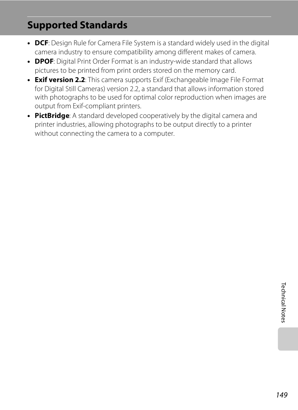 Supported standards, A 149, A 149) | Nikon P80 User Manual | Page 163 / 167