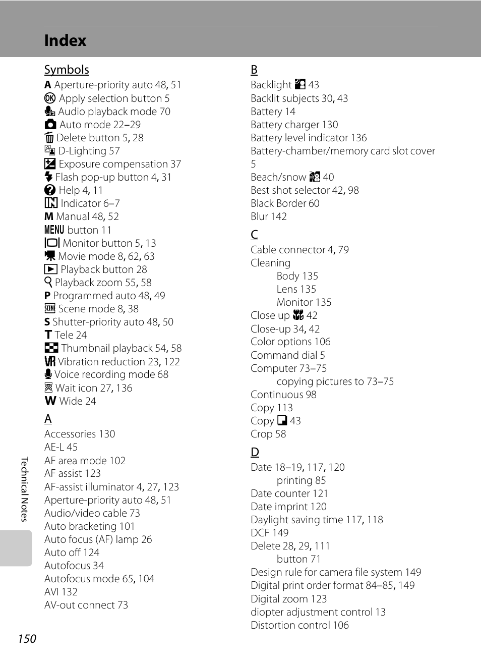 Index | Nikon P80 User Manual | Page 164 / 167