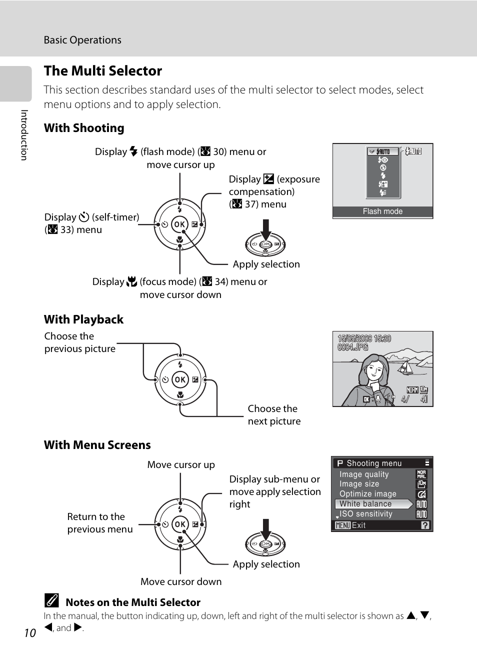 The multi selector, With shooting with playback with menu screens | Nikon P80 User Manual | Page 24 / 167