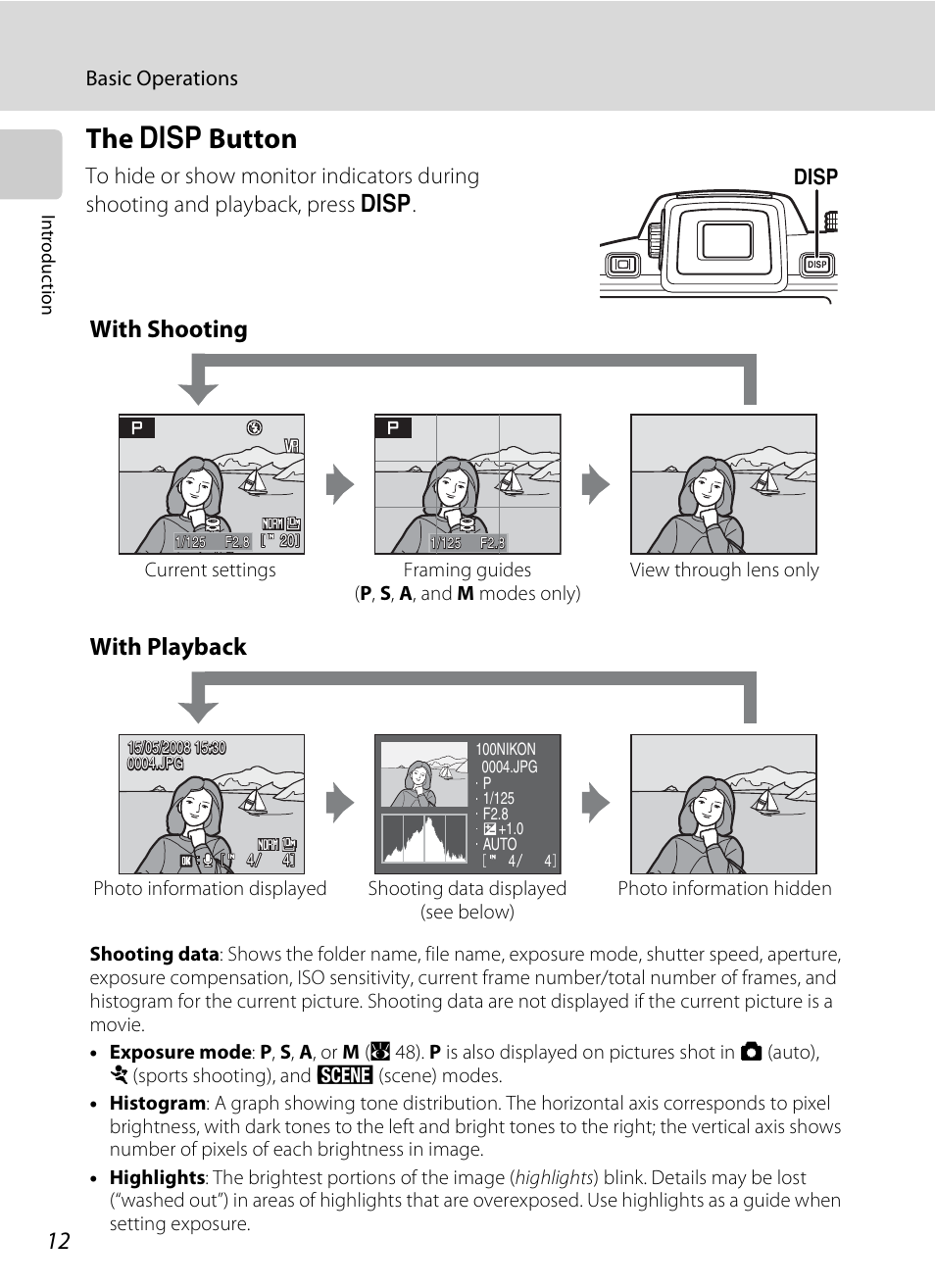 The disp button, S button, The s button | With shooting, With playback | Nikon P80 User Manual | Page 26 / 167