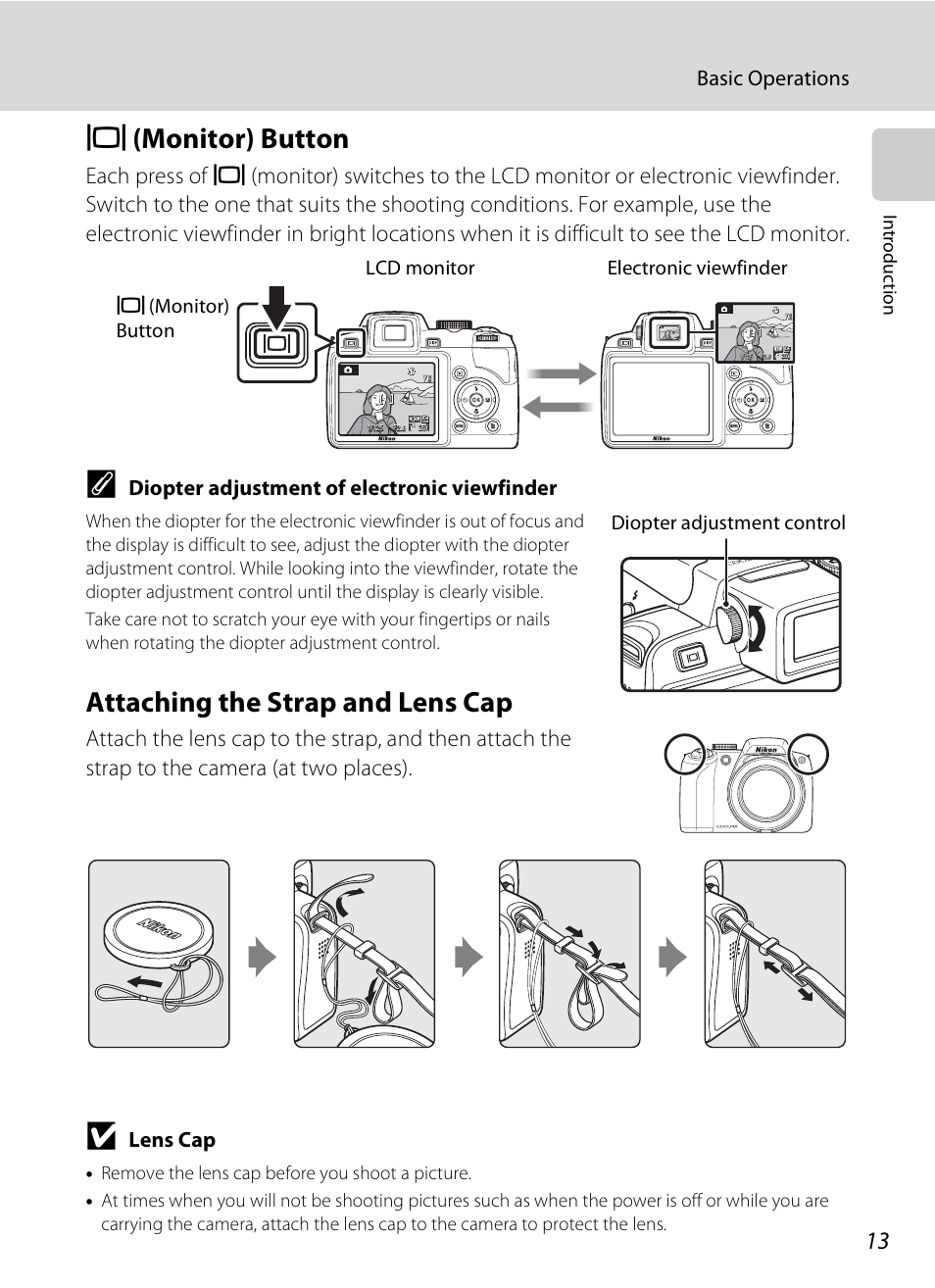 Monitor button, Attaching the strap and lens cap, X(monitor) button | Basic operations, Diopter adjustment of electronic viewfinder, Lens cap | Nikon P80 User Manual | Page 27 / 167