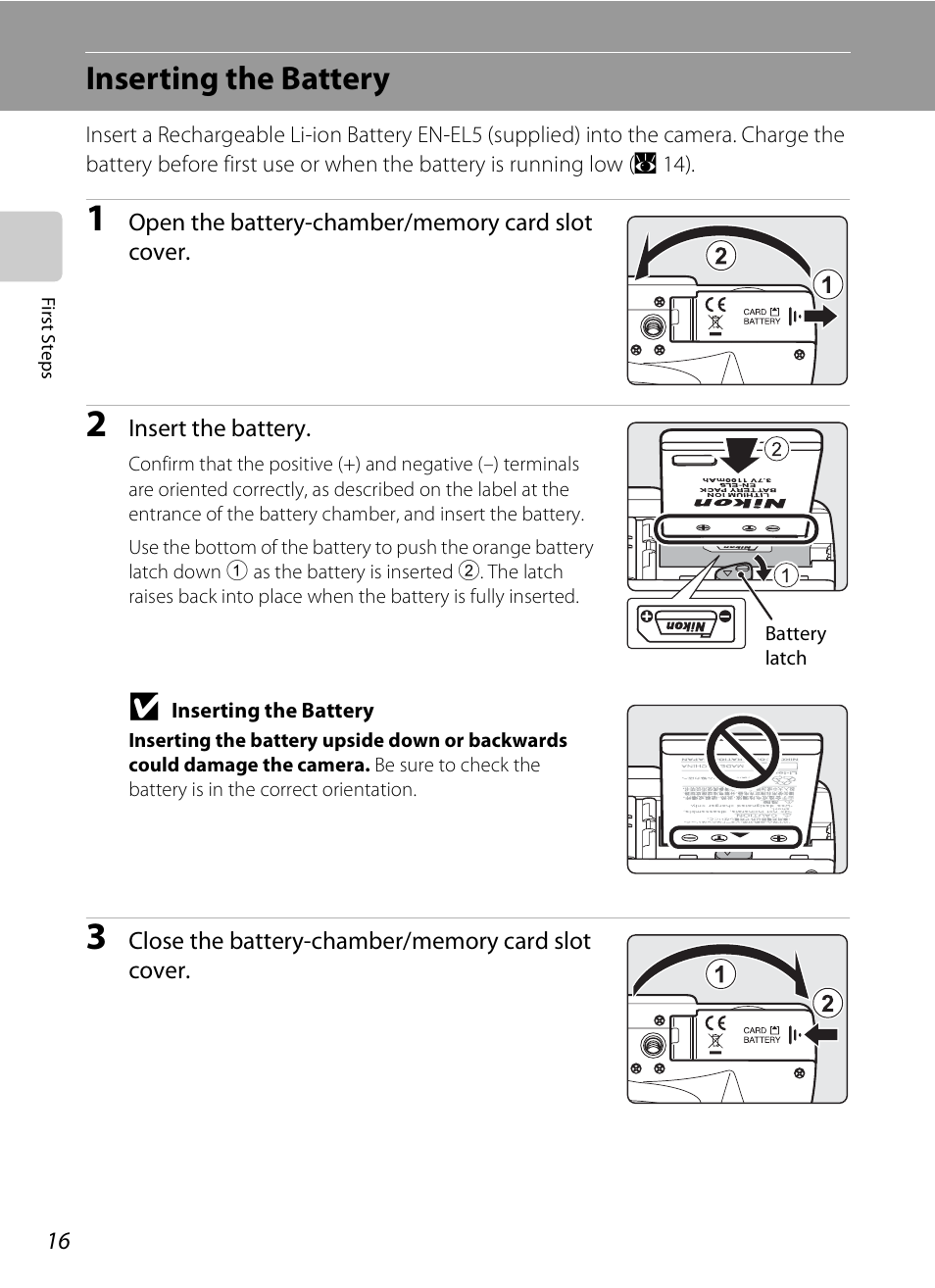 Inserting the battery | Nikon P80 User Manual | Page 30 / 167