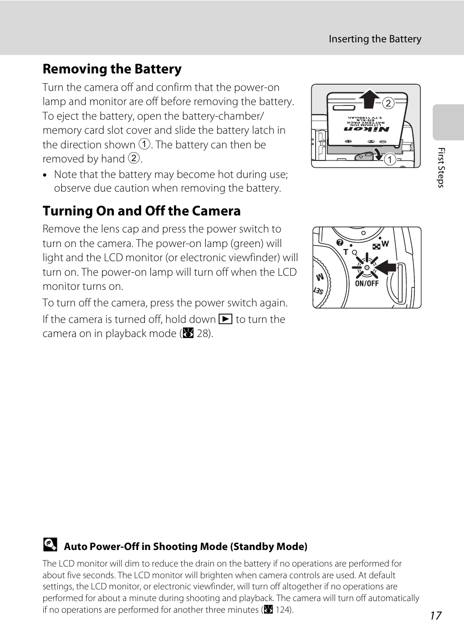 Removing the battery, Turning on and off the camera, Removing the battery turning on and off the camera | Nikon P80 User Manual | Page 31 / 167