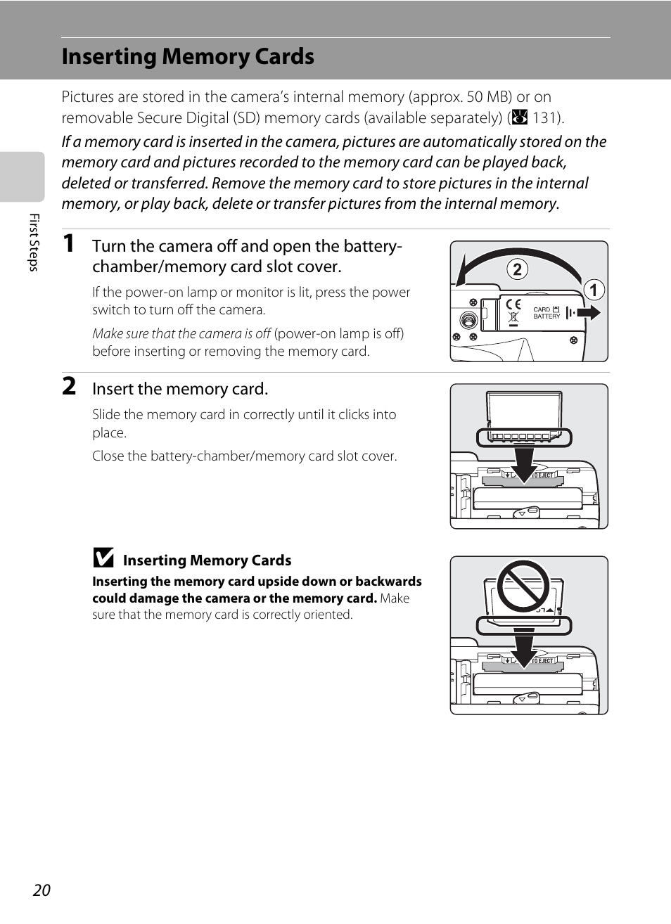 Inserting memory cards | Nikon P80 User Manual | Page 34 / 167