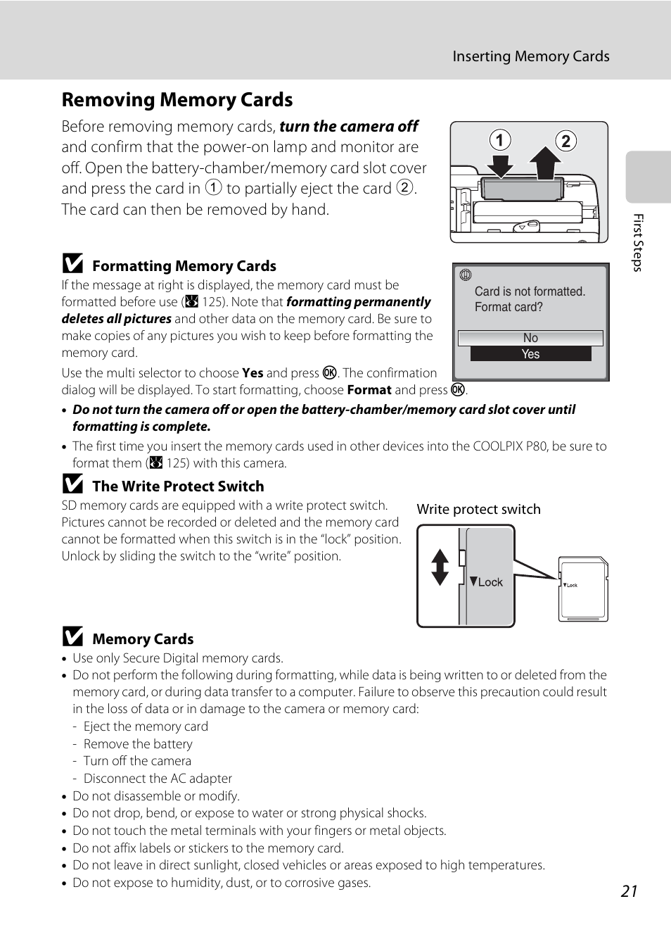 Removing memory cards | Nikon P80 User Manual | Page 35 / 167