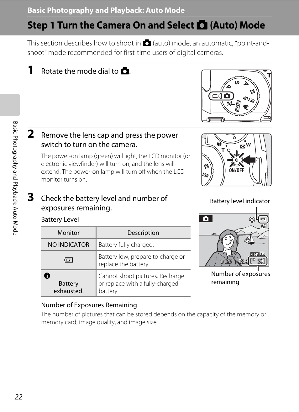 Basic photography and playback: auto mode, Step 1 turn the camera on and select auto mode, A basic photography and playback: auto mode | Step 1 turn the camera on and select a (auto) mode, A 22): ch, Rotate the mode dial to a | Nikon P80 User Manual | Page 36 / 167