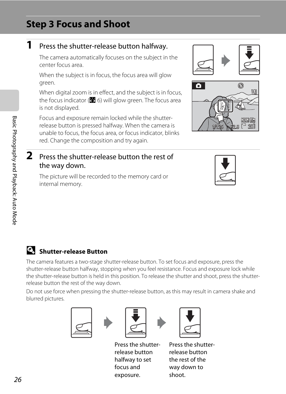 Step 3 focus and shoot, Press the shutter-release button halfway | Nikon P80 User Manual | Page 40 / 167