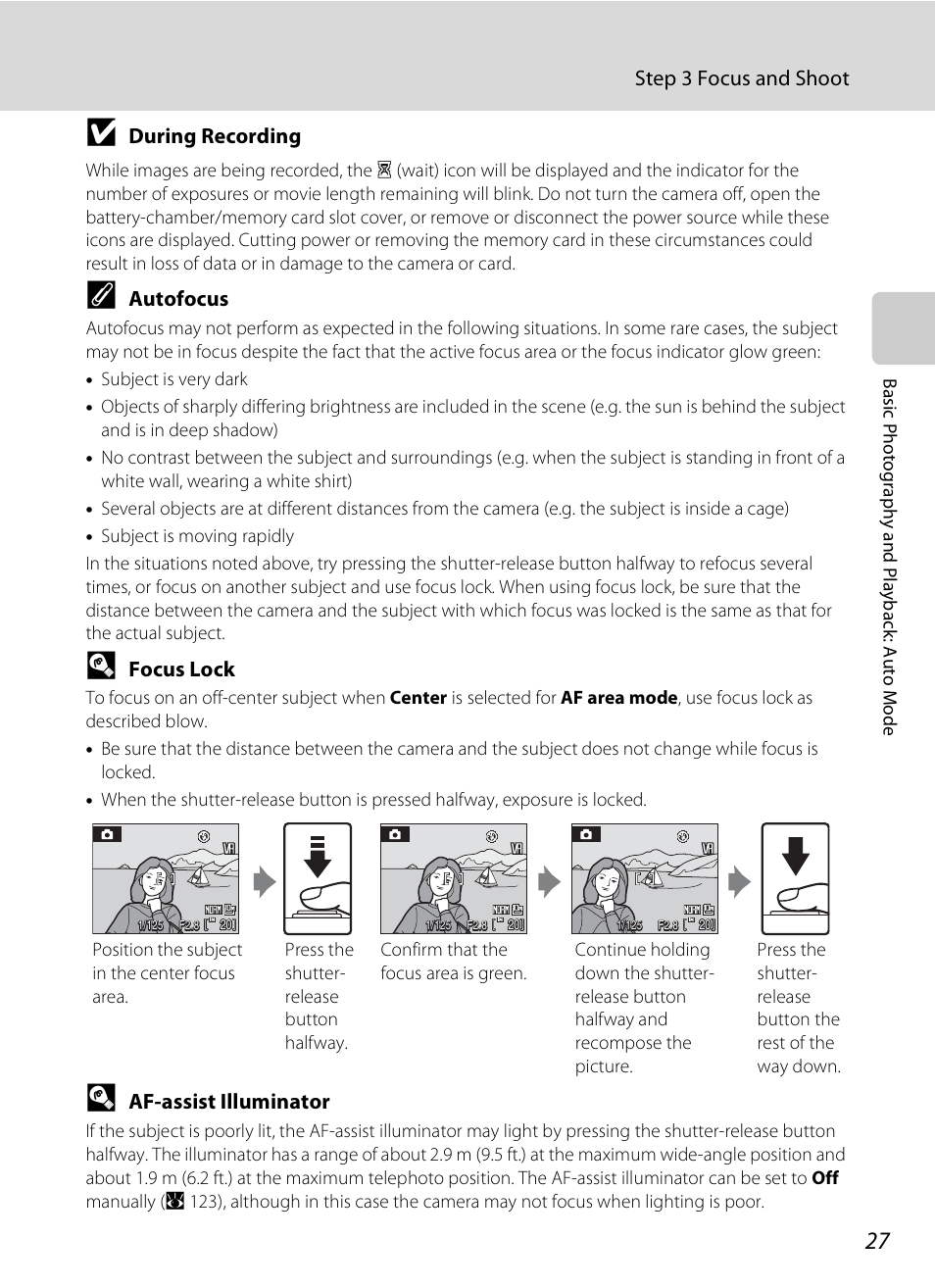 Step 3 focus and shoot, During recording, Autofocus | Focus lock, Af-assist illuminator | Nikon P80 User Manual | Page 41 / 167