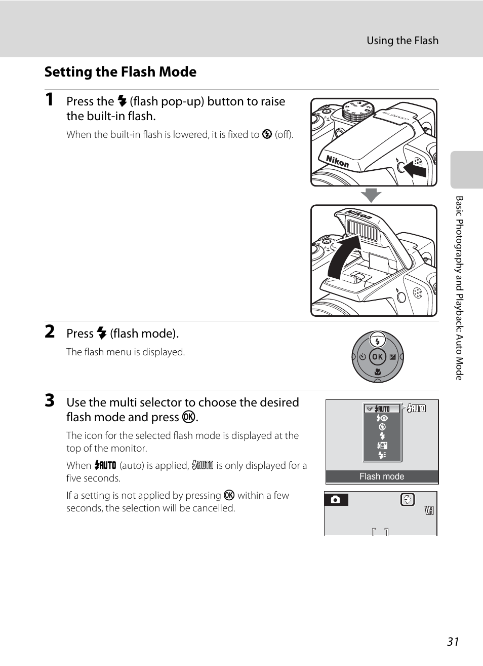 Setting the flash mode | Nikon P80 User Manual | Page 45 / 167