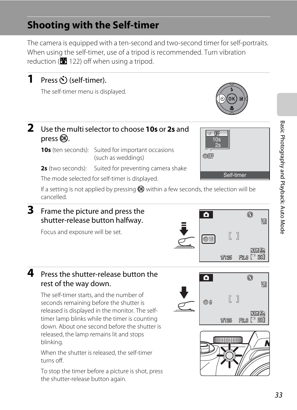 Shooting with the self-timer, A 33), Press n (self-timer) | Nikon P80 User Manual | Page 47 / 167