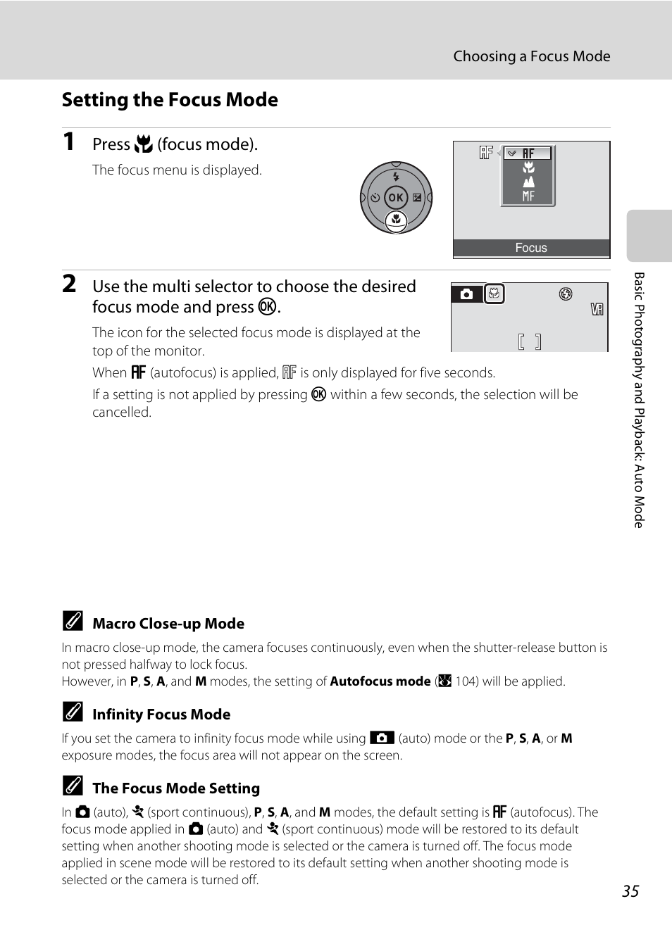 Setting the focus mode | Nikon P80 User Manual | Page 49 / 167