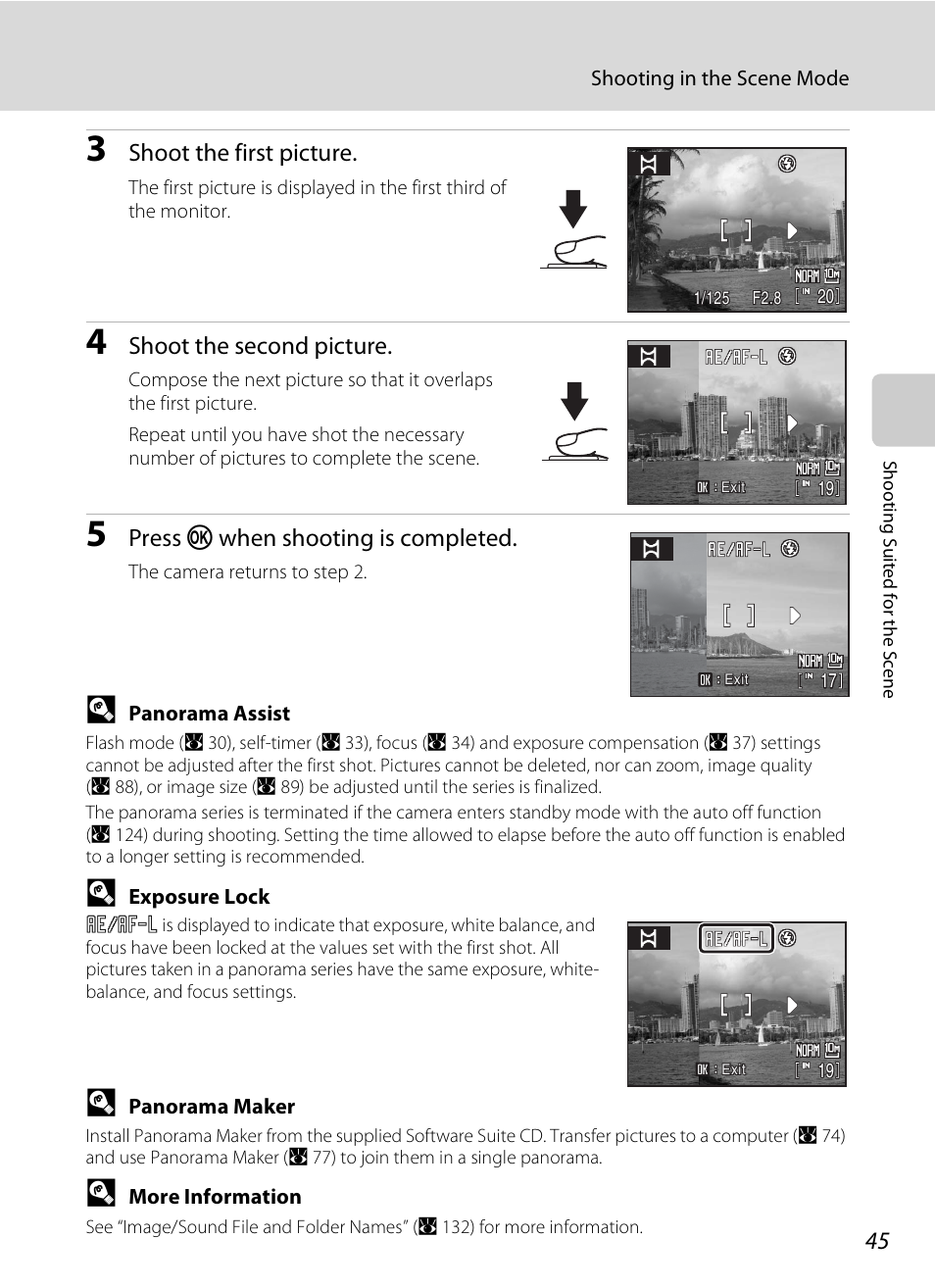 Shoot the first picture, Shoot the second picture, Press k when shooting is completed | Nikon P80 User Manual | Page 59 / 167