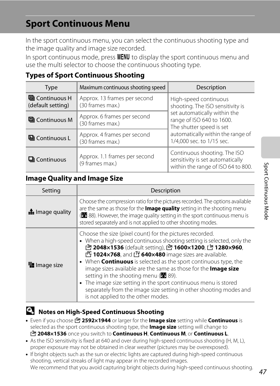 Sport continuous menu, A 47) | Nikon P80 User Manual | Page 61 / 167