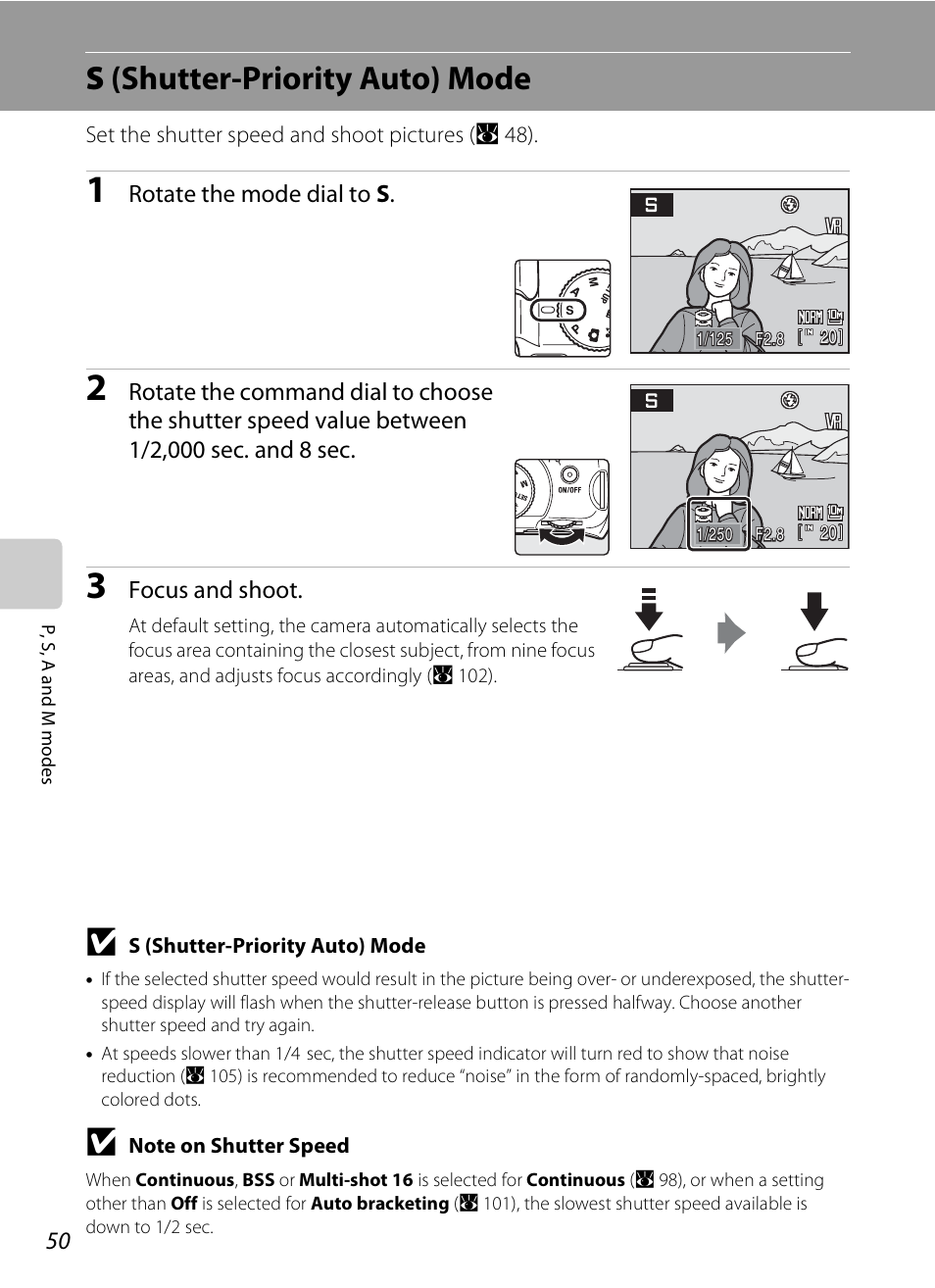 S (shutter-priority auto) mode, A 50), S(shutter-priority auto) mode | Nikon P80 User Manual | Page 64 / 167