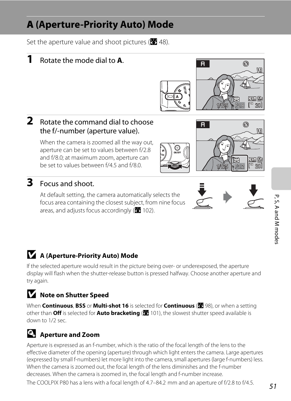 A (aperture-priority auto) mode, A 51), A(aperture-priority auto) mode | Nikon P80 User Manual | Page 65 / 167