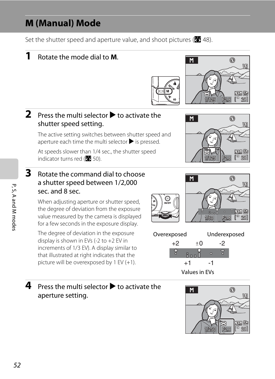 M (manual) mode, A 52, M(manual) mode | Rotate the mode dial to m | Nikon P80 User Manual | Page 66 / 167