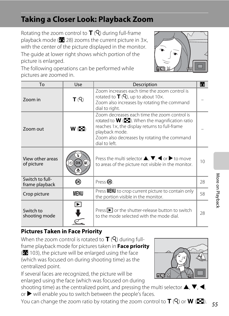 Taking a closer look: playback zoom, Pictures taken in face priority | Nikon P80 User Manual | Page 69 / 167