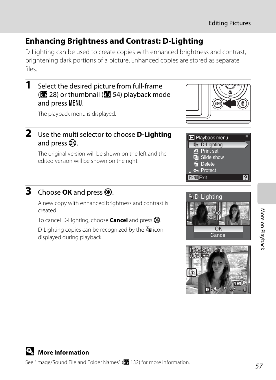 Enhancing brightness and contrast: d-lighting, A 57) | Nikon P80 User Manual | Page 71 / 167