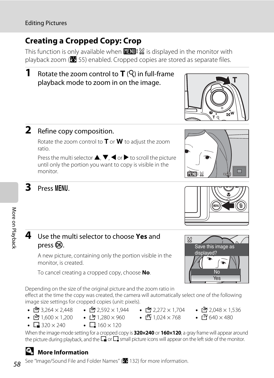 Creating a cropped copy: crop, A 58) | Nikon P80 User Manual | Page 72 / 167