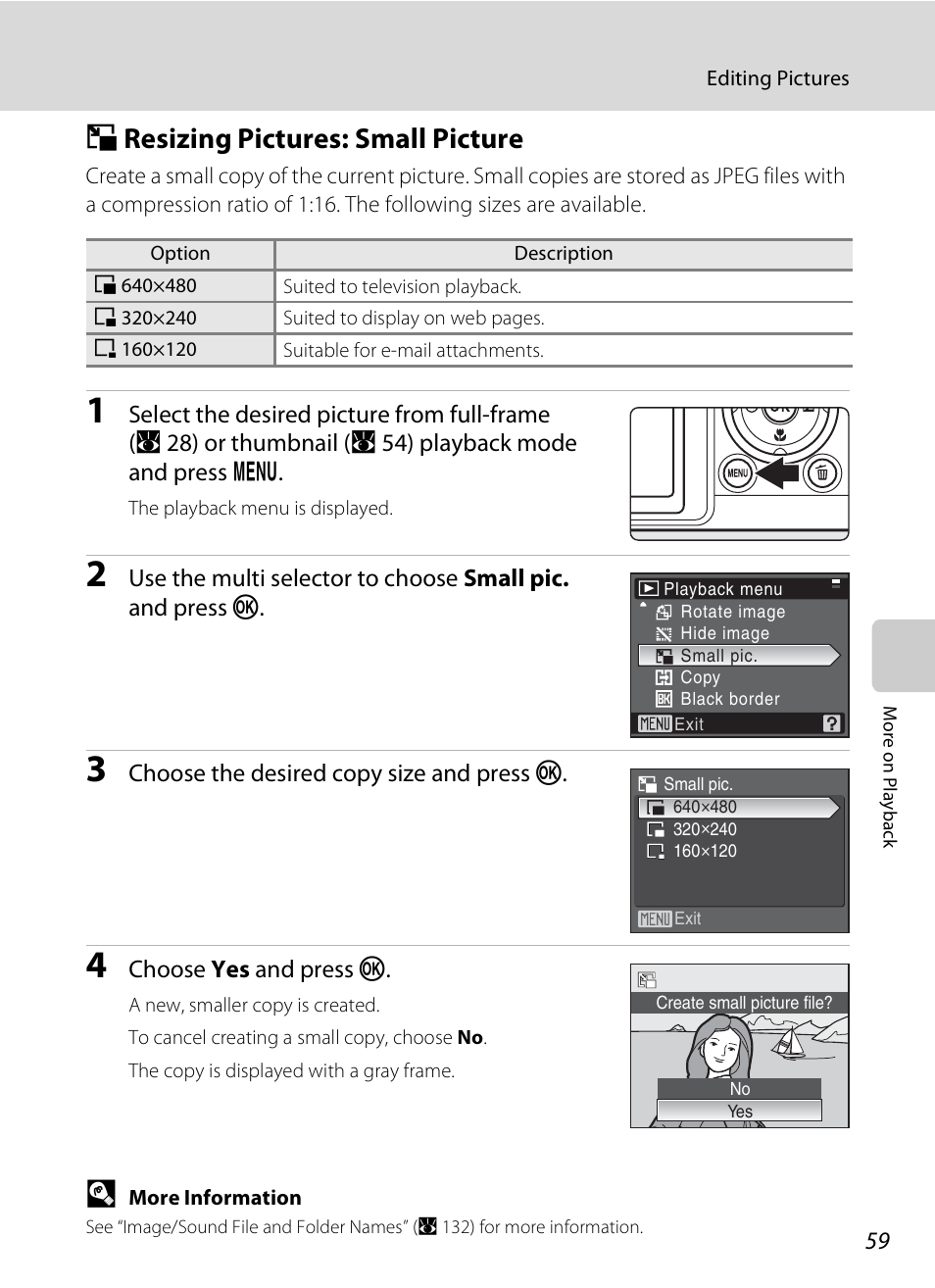 Resizing pictures: small picture, G resizing pictures: small picture, A 59) | Gresizing pictures: small picture | Nikon P80 User Manual | Page 73 / 167