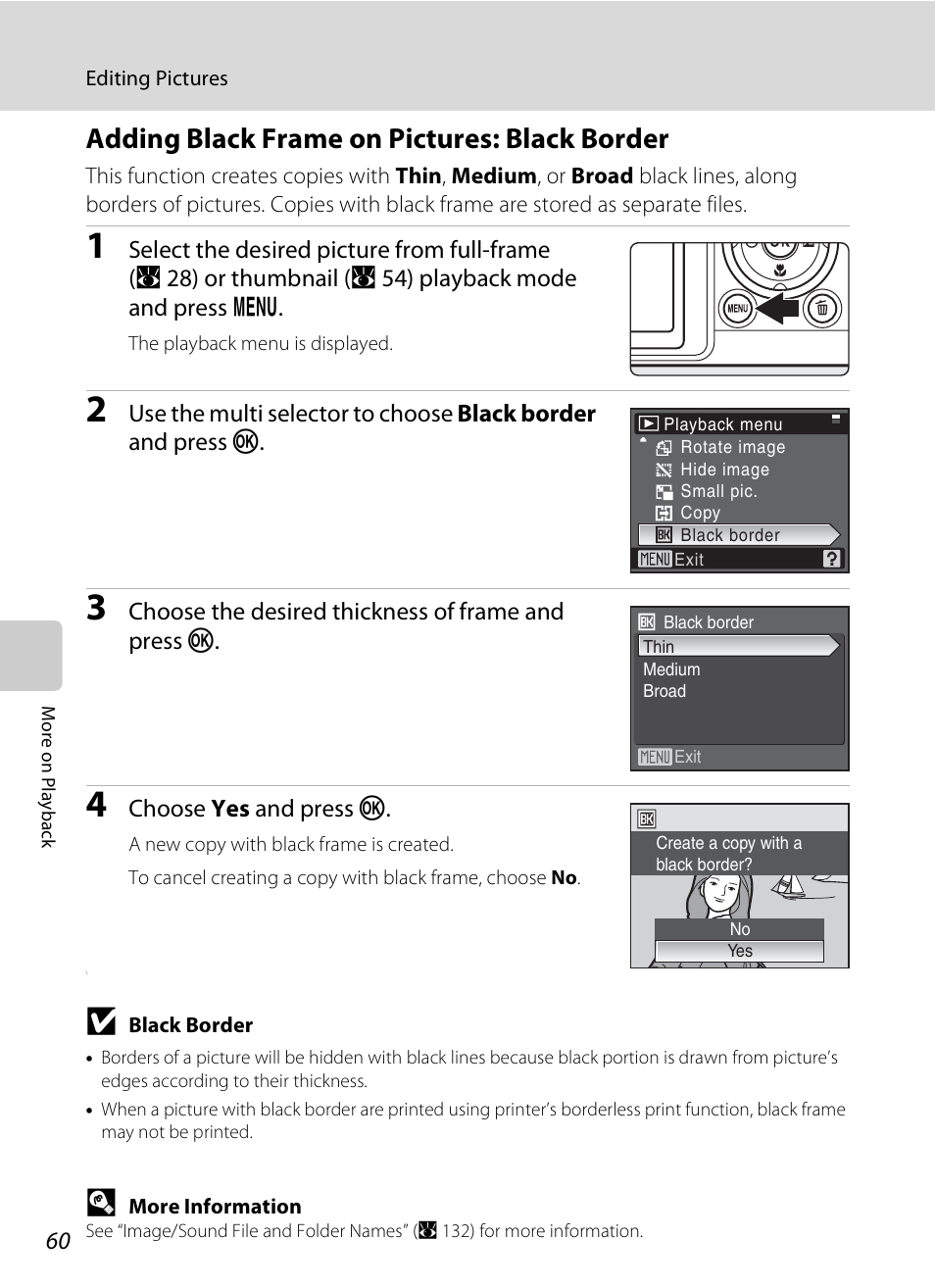 Adding black frame on pictures: black border, A 60) | Nikon P80 User Manual | Page 74 / 167