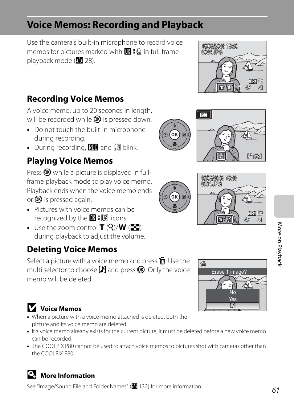 Voice memos: recording and playback, Recording voice memos, Playing voice memos | Deleting voice memos | Nikon P80 User Manual | Page 75 / 167