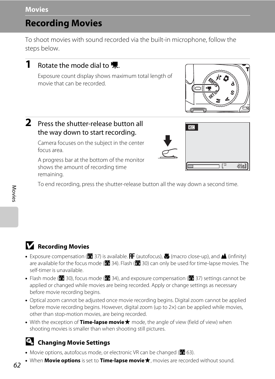 Movies, Recording movies, D movies | A 62) | Nikon P80 User Manual | Page 76 / 167