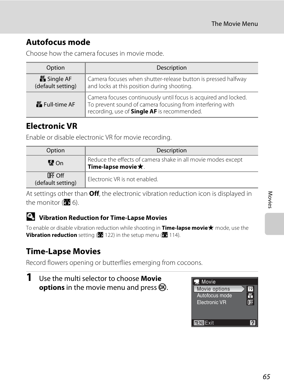 Autofocus mode, Electronic vr, Time-lapse movies | Autofocus mode electronic vr time-lapse movies, A 65 | Nikon P80 User Manual | Page 79 / 167