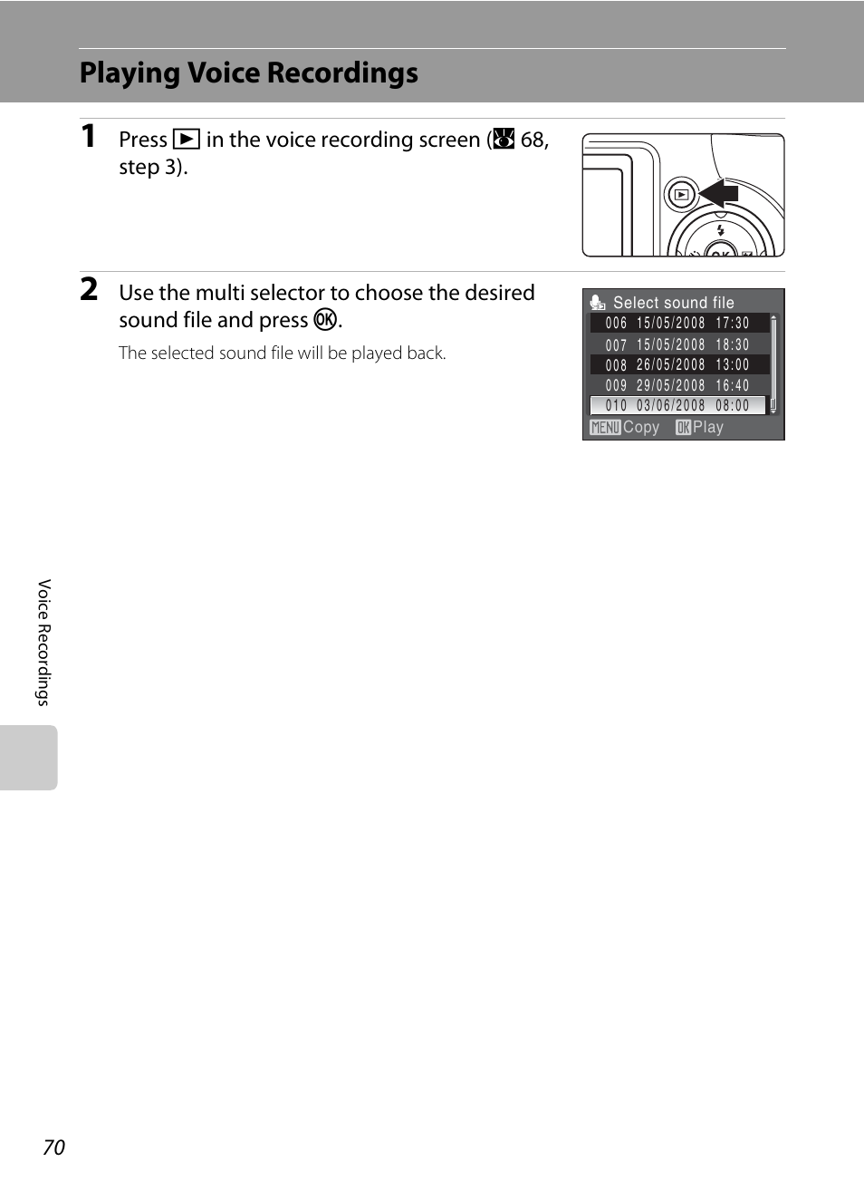 Playing voice recordings | Nikon P80 User Manual | Page 84 / 167