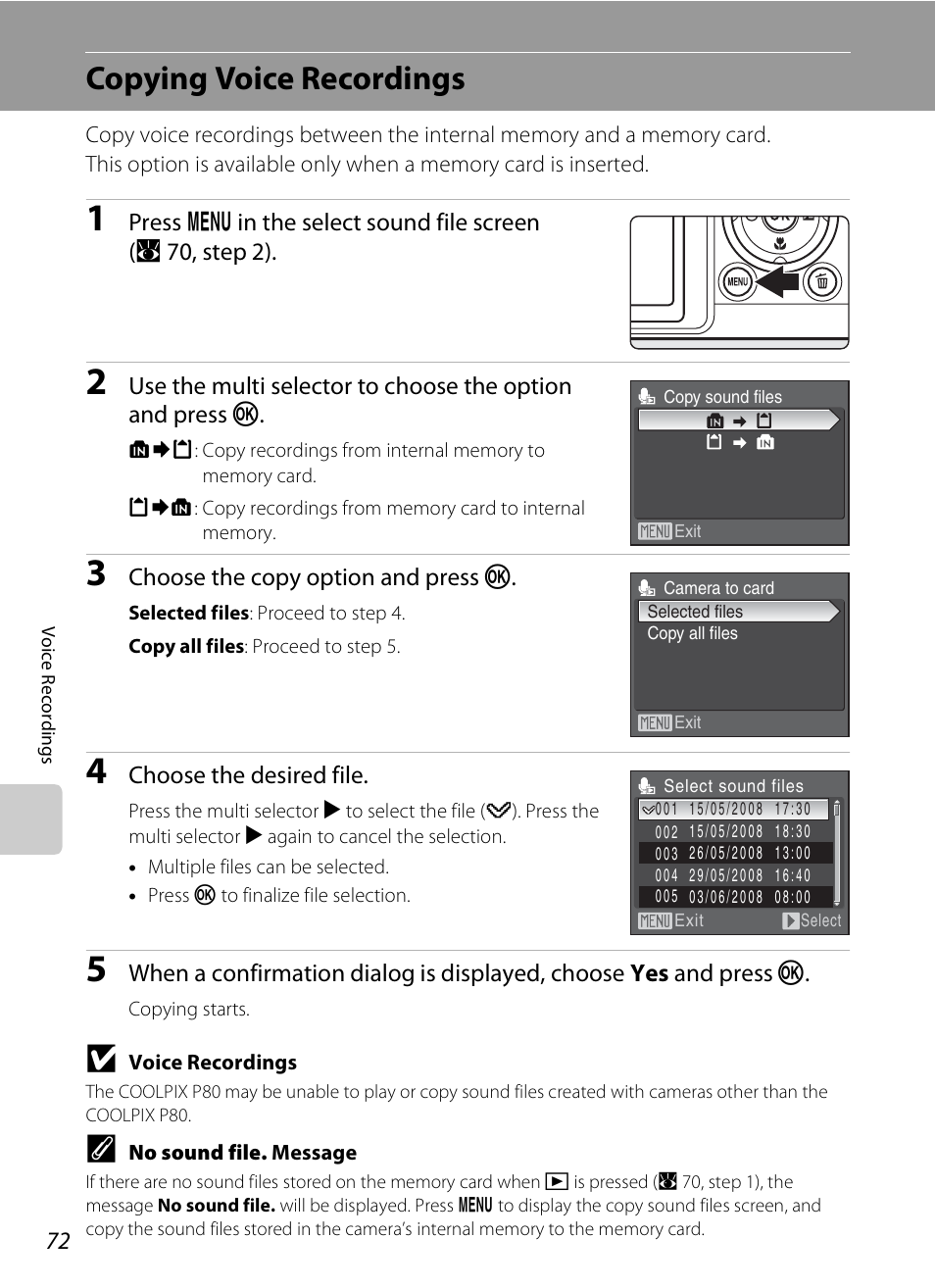 Copying voice recordings | Nikon P80 User Manual | Page 86 / 167