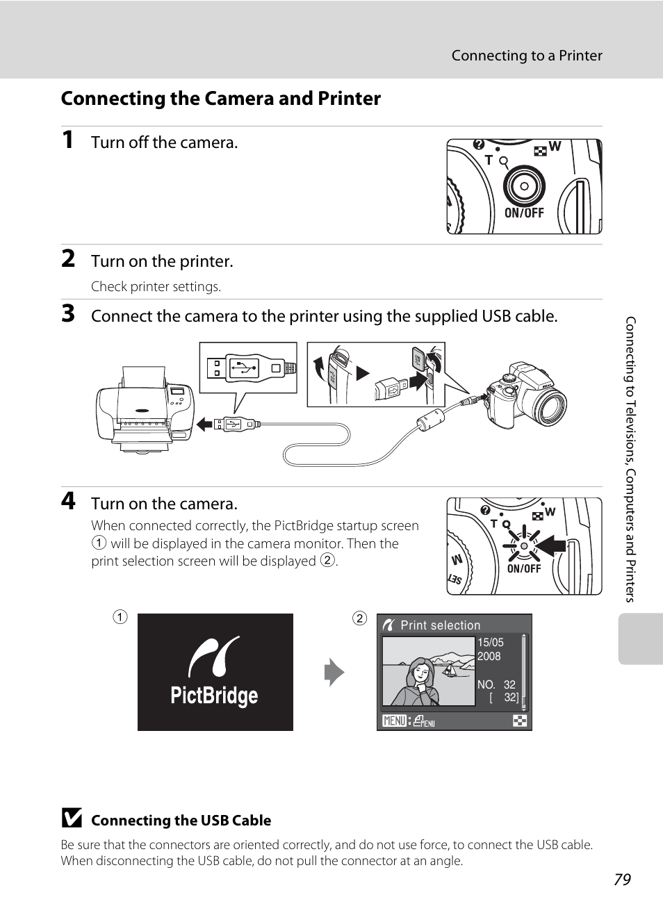 Connecting the camera and printer, A 79) | Nikon P80 User Manual | Page 93 / 167