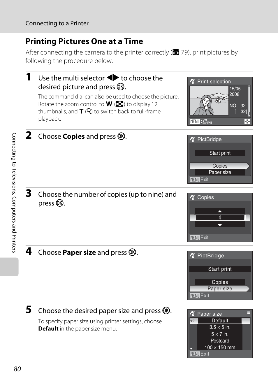 Printing pictures one at a time, A 80), Choose copies and press k | Choose paper size and press k, Choose the desired paper size and press k | Nikon P80 User Manual | Page 94 / 167