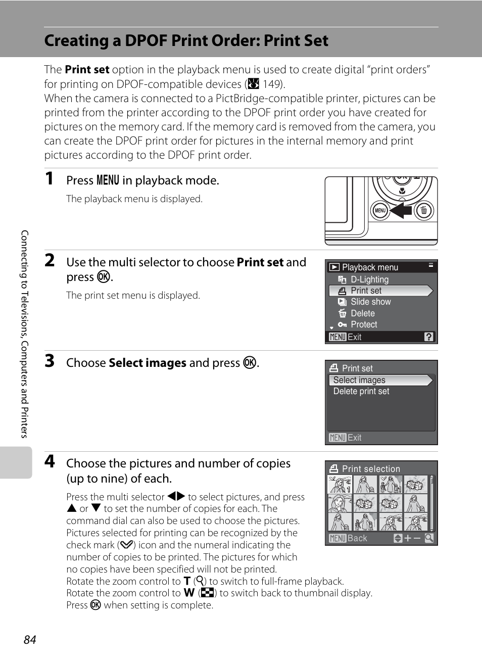 Creating a dpof print order: print set, A 84) a, A 84) | Press d in playback mode, Choose select images and press k | Nikon P80 User Manual | Page 98 / 167