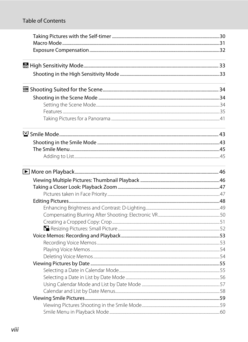 Viii | Nikon S550 User Manual | Page 10 / 164