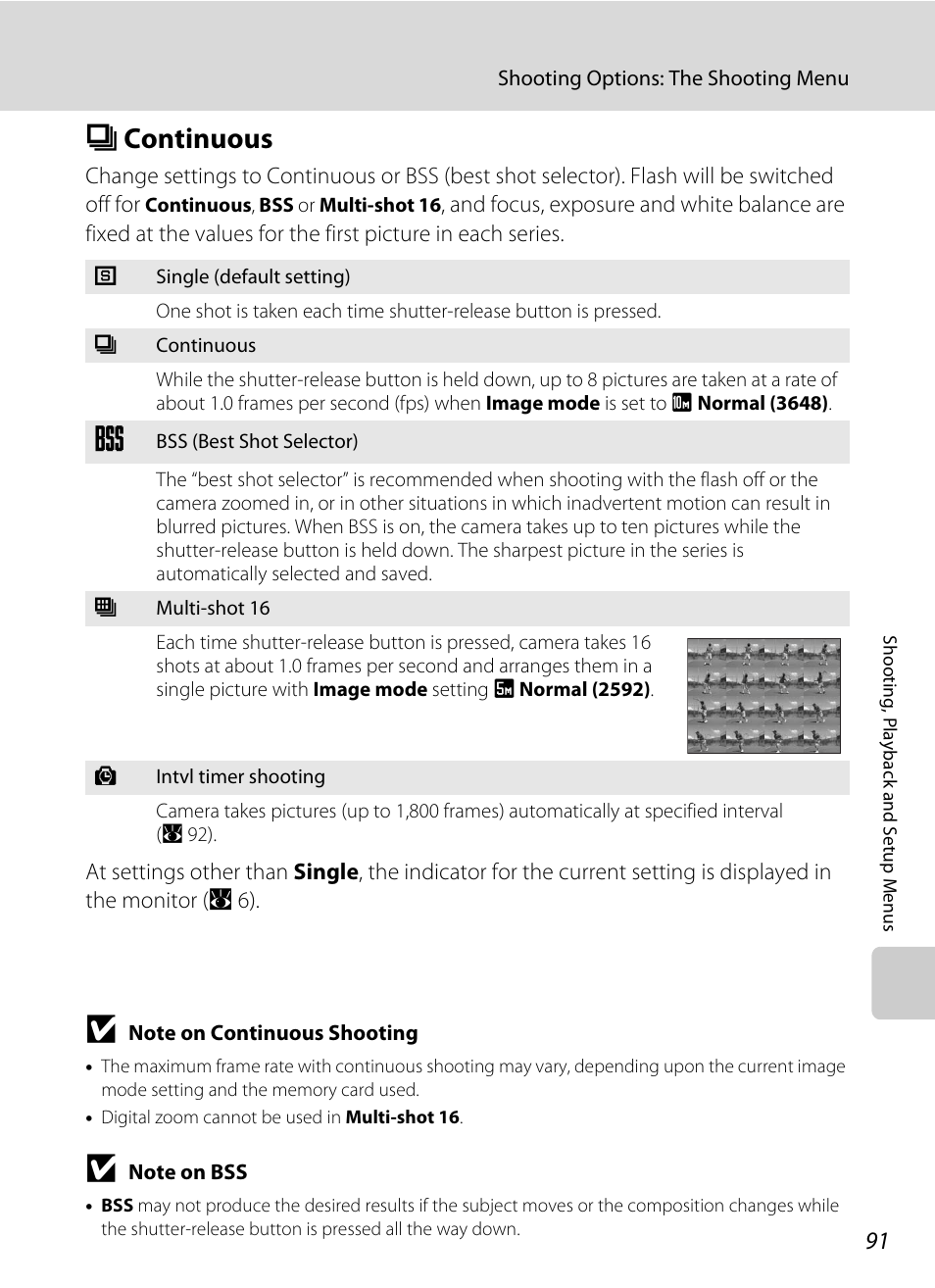 Continuous, C continuous, A 91 | A 91), Ot 16 (a 91) or with slow sh | Nikon S550 User Manual | Page 103 / 164