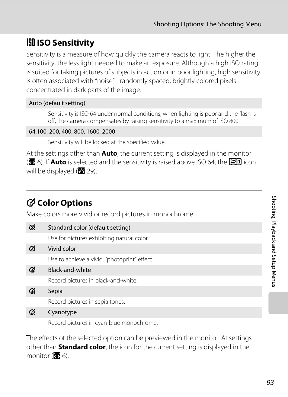 Iso sensitivity, Color options, E iso sensitivity f color options | A 93), color, A 93, E iso sensitivity, F color options | Nikon S550 User Manual | Page 105 / 164