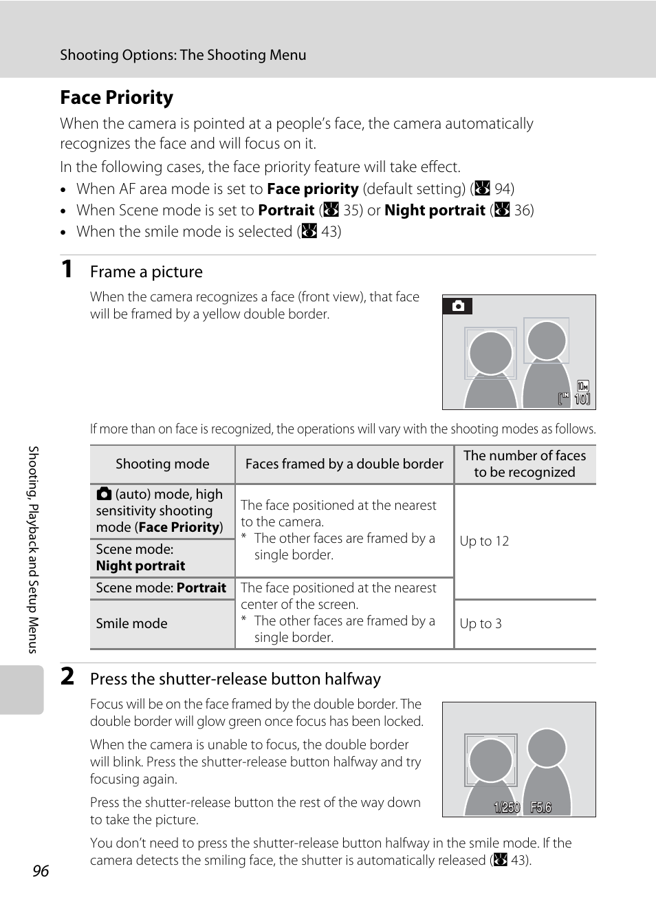 Face priority” (a 96), Ee “face priority, A 96) for | A 96), A 96, Face priority | Nikon S550 User Manual | Page 108 / 164