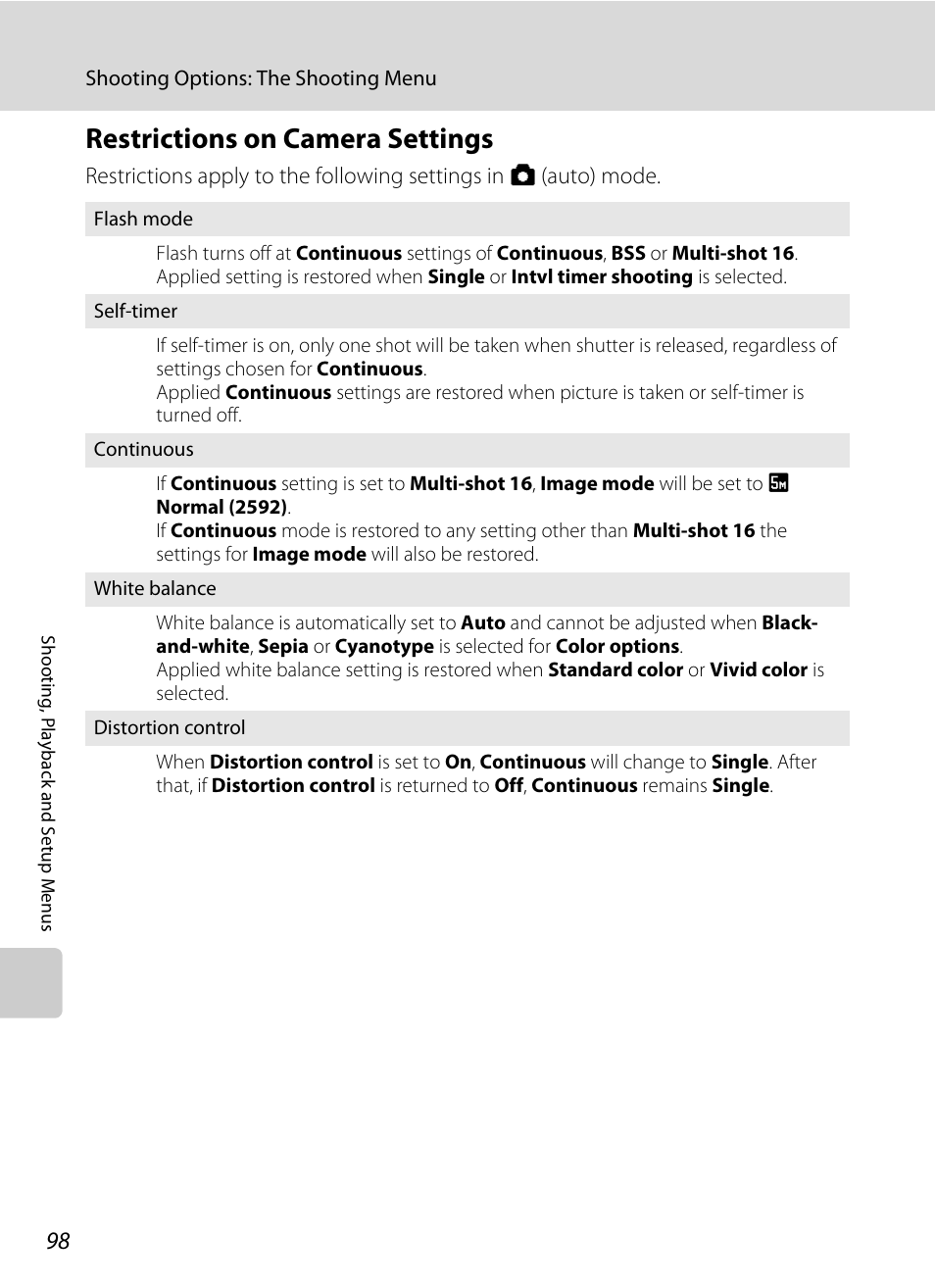 Restrictions on camera settings, A 98 | Nikon S550 User Manual | Page 110 / 164
